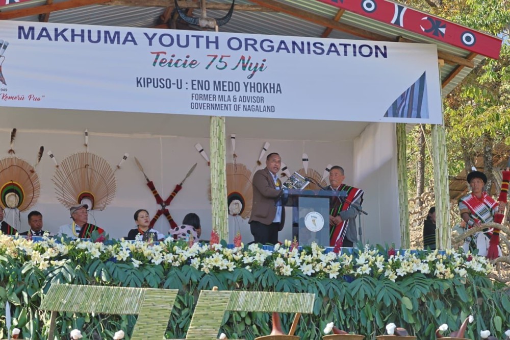 Former MLA & Advisor, Government of Nagaland, Medo Yhokha addressing a gathering during Platinum Jubilee Celebration of Makhuma Youth Organization under Kigwema village on December 28. (Morung Photo)